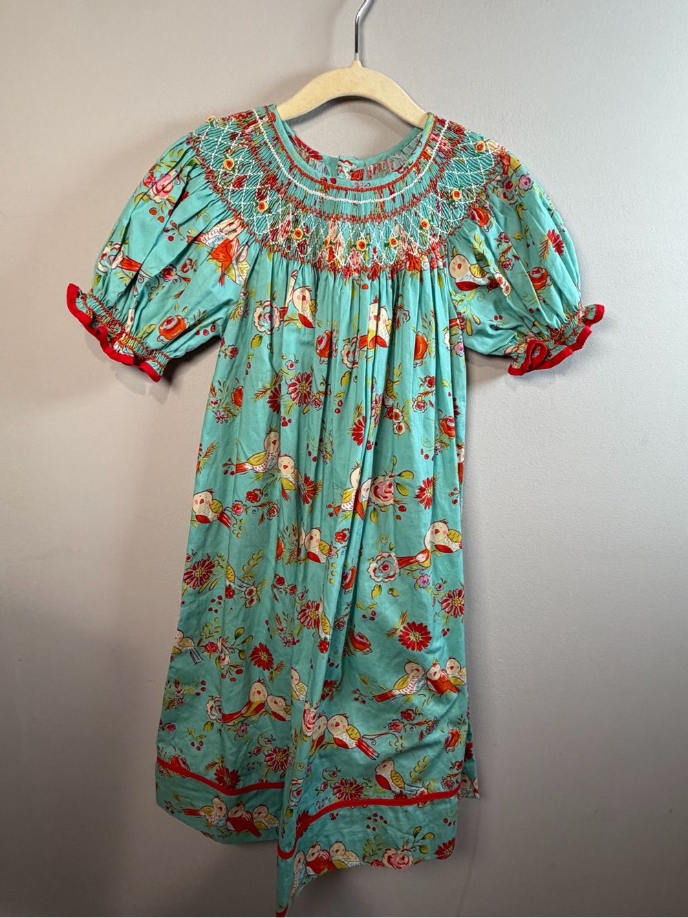 Mom & Me Smocked Puff Sleeve Girls' Dress in Aqua with Floral & Bird Print Sz 5